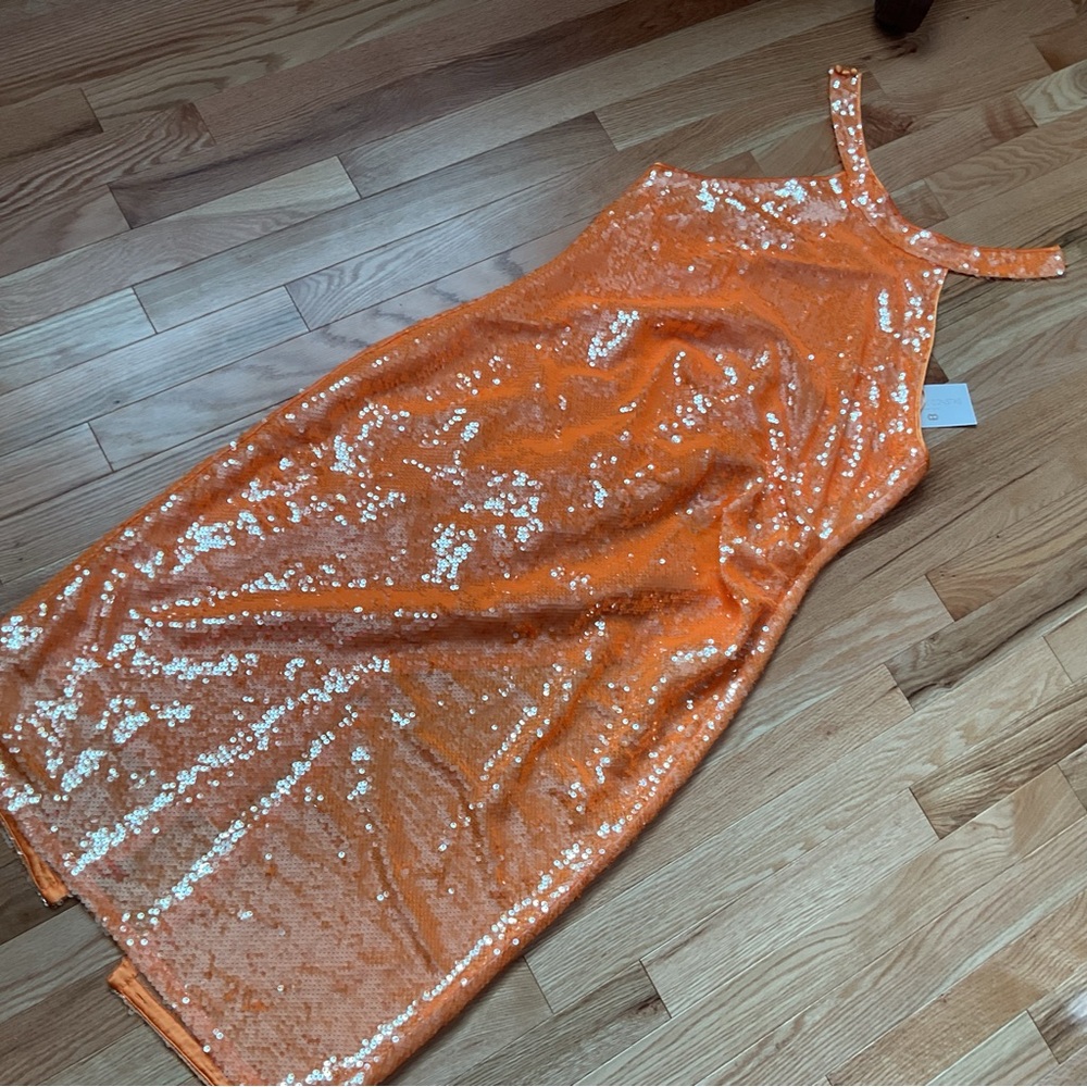 New - Caroline Constas Orange Sequin Halter Party Dress - prom dress